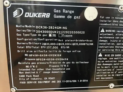 Used Dukers Used 36" Dukers DCR36-2B24GM Gas Range with 2 Burners & 24" Flat Top Griddle Commercial Ranges Illinois US | Falcon Restaurant Supply #1374958