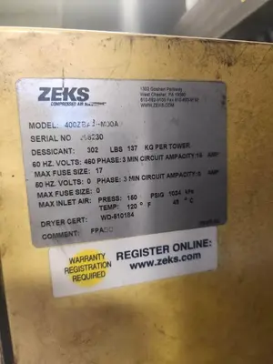 400 SCFM ZEKS MODEL #400ZBA34MODA COMPRESSED AIR DRYER: YOBRO #25150