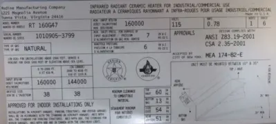 NEW MODINE RT160G47 INFRARED RADIANT CERAMIC HEATER 160000 BTU 115V RT160G4