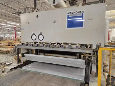 WEMHONER 5’ x 10’ SINGLE-OPENING SHORT-CYCLE FEED-THROUGH HOT PRESS WITH AUTOMATIC MATERIAL MEASURING/PRESSURE SYSTEM