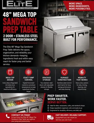 Elite Stainless Steel 2 Door 48" Sandwich Prep Table on Castors