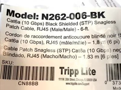 USED TRIPP LITE SHIELDED ETHERNET PATCH CABLE 6' BLACK RJ45 M/M LOT OF 2