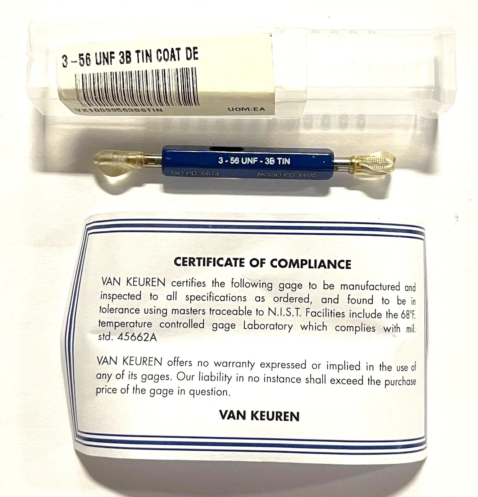 Van Keuren 3-56UNF 3B Double End Tin Coated Thread Plug Gage With Handle