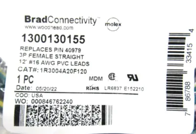 LOT OF 2 NEW WOODHEAD 1300130155 CABLES
