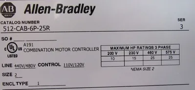 NEW ALLEN BRADLEY 512-CAB-6P-25R COMBINATION STARTER SER.3 SIZE 2 512CAB6P25R