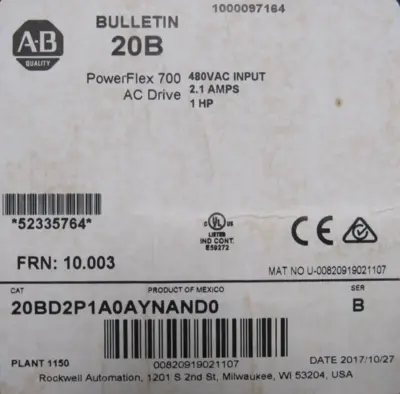 ALLEN BRADLEY 20BD2P1A0AYNAND0 POWER FLEX 700 SER.B 1HP NEW SURPLUS