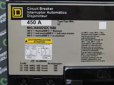 Square D MHL36450225DC1680 Circuit Breaker 500 VDC 450 A MA11128 Trip Unit Used