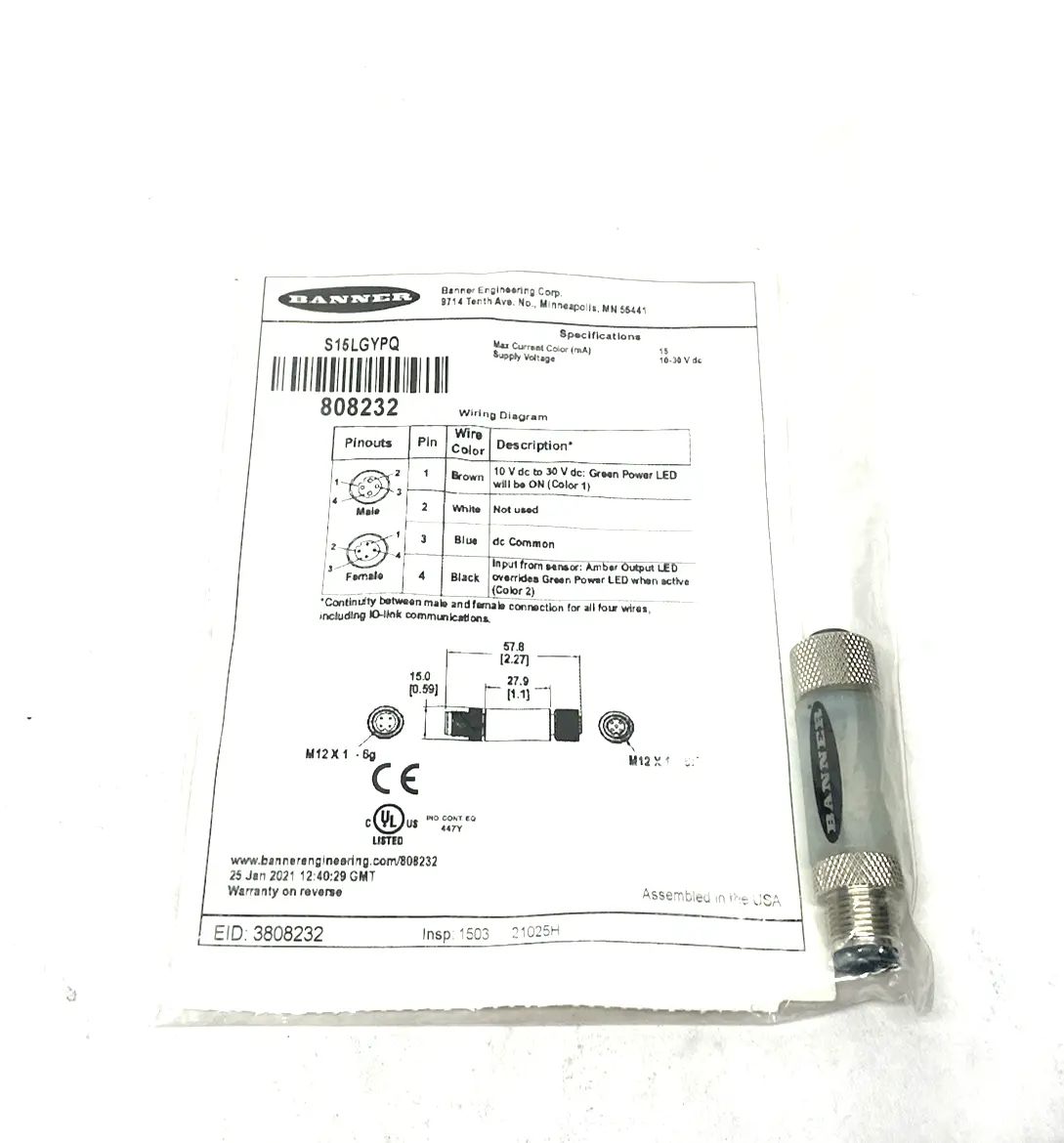 NEW BANNER ENGINEERING 2-COLOR IN-LINE SENSOR STATUS INDICATOR MALE-FEMALE 4-PIN 808232