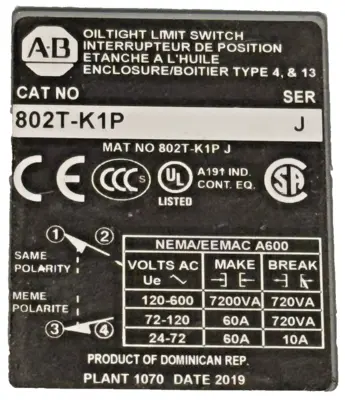 ALLEN BRADLEY 802T-K1P LIMIT SWITCH SER. J 802TK1P NEW SURPLUS