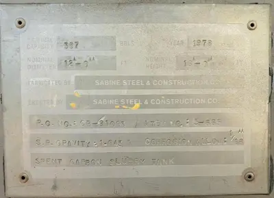 Sabine Steel 14,750 Gallon Stainless Steel Spent Carbon Slurry Tank (1978)