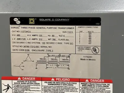 112.5 KVA SQUARE D 480 <-> 208Y/120 ELECTRICAL 3 PHASE TRANSFORMER: YOBRO #24135