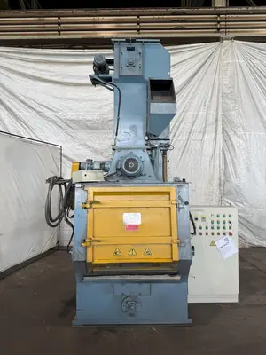 5 CUBIC FOOT TD326 RUBBER BELT TUMBLE BLAST SYSTEM W/ ELEVATOR RECLAIM SYSTEM & DUST COLLECTOR. STOCK # 0670425.