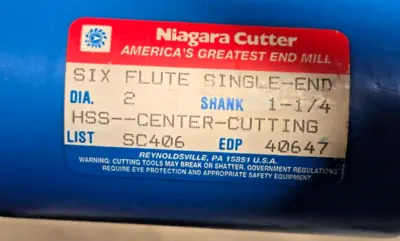 Niagara Cutter End Mill HSS 40647 Center Cut 2" Dia 1-1/4 Shank 6 Flute USA New