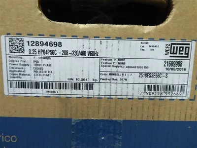 Weg 2518ES3E56C-S General Purpose Motor 56C Frame 1/4 HP 1765RPM 208-230/460 New NIB