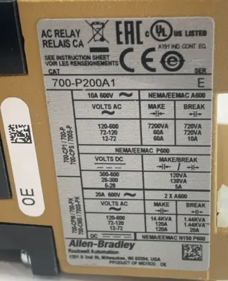 ALLEN BRADLEY 700-P200A1 CONTROL RELAY 700P200A1 SER. E NEW SURPLUS