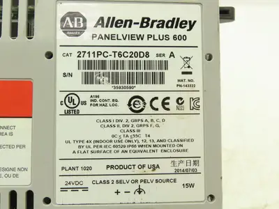 Allen Bradley 2711PC-T6C20D8 HMI PanelView Plus 600 6" Operator Touch Panel