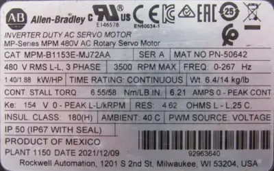 ALLEN BRADLEY MPM-B1153E-MJ72AA SERVO MOTOR SER.A MPMB1153EMJ72AA (NEW SURPLUS)