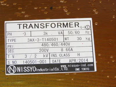 Nissyo 3AX-3-T140501 Step-Down Transformer 3Phase 3kVA 440-460-480V Pri 200V Sec
