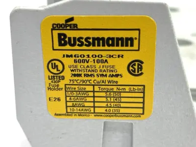 USED COOPER BUSSMANN FUSE BLOCK 3-POLE 600V 100A