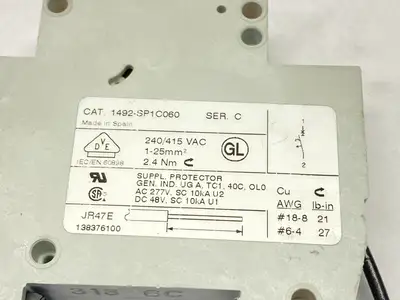 1492-SP1C060 | Allen Bradley  Ser C Circuit Breaker 1-Pole 6A 240/415 VAC - Used