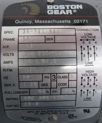 NEW BOSTON GEAR 34-381-884 MOTOR .33HP 1725RPM 208-230/460V 34381884