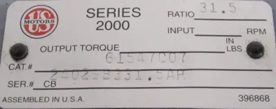 NEW US MOTORS 61547C07 GEAR REDUCER 31.5:1 SERIES 2000