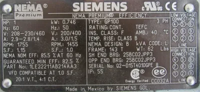 NEW SIEMENS 1LE22211AB214AA3 MOTOR 1HP 208-230/460V 1755RPM GP100 7/8" DIA.
