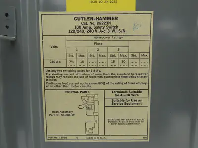 Cutler Hammer DG223N  Fusible Safety Disconnect Switch 100A 120/240VAC 2 Pole