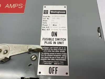 USED WESTINGHOUSE FUSIBLE PLUG-IN SWITCH UNIT TAP-362 60A 3-PHASE