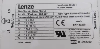 USED LENZE EZN3A0055H045U MAINS FILTER 460527