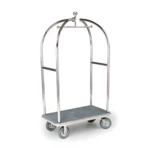 Forbes Industries Birdcage Luggage Cart w/ (2) Push Bars & Carpeted Deck - 43"L x 24"W x 78"H, Brushed Steel (2519-SS)