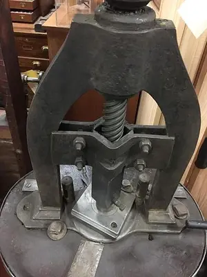 2644-385 Antique Rare Hand Operated Screw/Fly Press with Round Wood Base Circa 1880