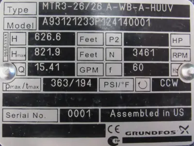 NEW GRUNFOS MTR3-26/26 A-WB-A-HUUV COOLANT PUMP ONLY 182TC 93121233 MTR32626AWBA