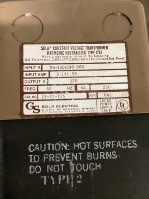 Sola Constant Voltage Transformer; 95-130-190-260; 120V 60Hz