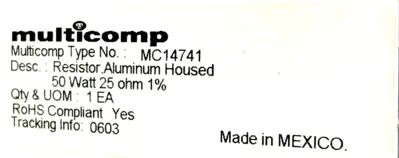 NEW MULTICOMP MC14741 RESISTOR ALUMINUM HOUSED 50 WATT 25 OHM