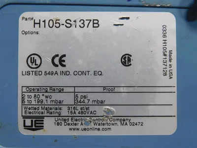 United Electric H105-S137B Pressure Switch 15A 480VAC 2 to 80 "wc Used