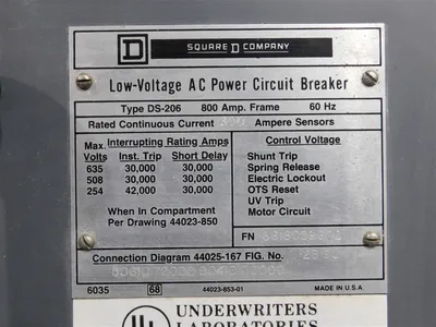 Square D DS-206 Low-Voltage AC Power Circuit Breaker 800A Frame 600A Sensor Used