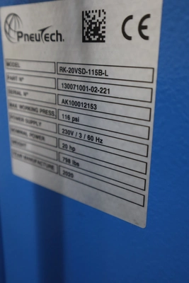 Used PNEUTECH USA RK-20VSD-115B-L Rotary Screw & Sliding Vane Air Compressors Minnesota US | Machinesused.com #1369707