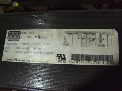 3 PH 13.8 KVA M14128 Marelco Power Systems Transformer PT No. M-14128