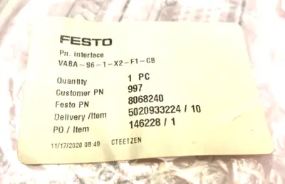 VABA-S6-1-X2-F1-CB, 8068240 | Festo VABA-S6-1-X2-F1-CB Pneumatic Interface 8068240 - New