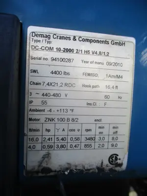 Used DEMAG DC-COM-10-2000-2/1-H5-V4-8/1.2 Hoists (All Types) California US | TNT Industrial #1266913