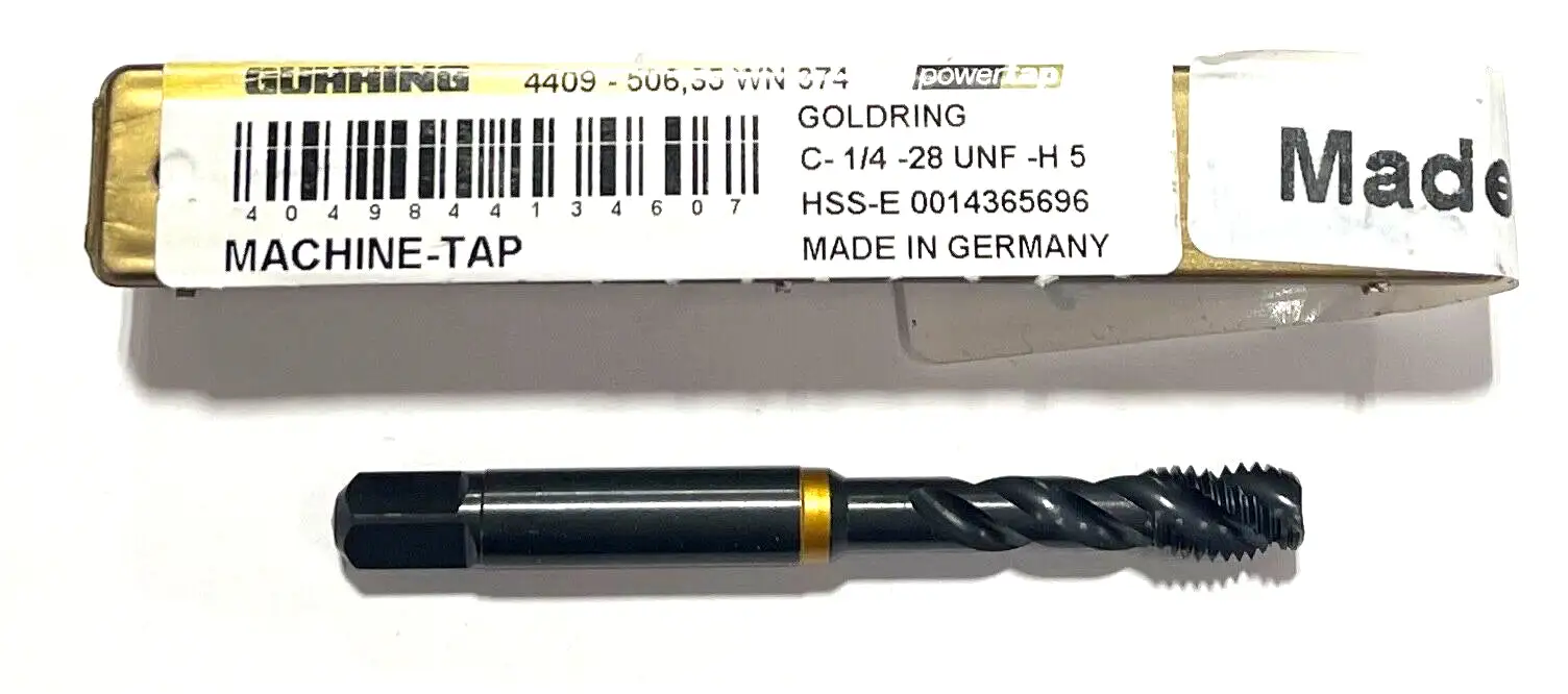 Guhring 1/4-28 Cobalt Power Tap Spiral Flute Semi-Bottoming Tap H5 3FL Gold Ring