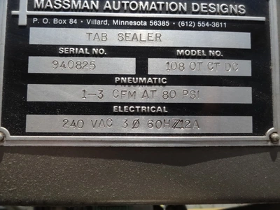 USED MASSMAN AUTOMATION DESIGN TAB SEALER 108 OT CT DC