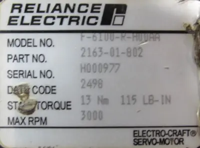 REFURBISHED RELIANCE ELECTRIC F-6100-R-H00AA SERVO MOTOR 2163-01-802 F6100RH00AA