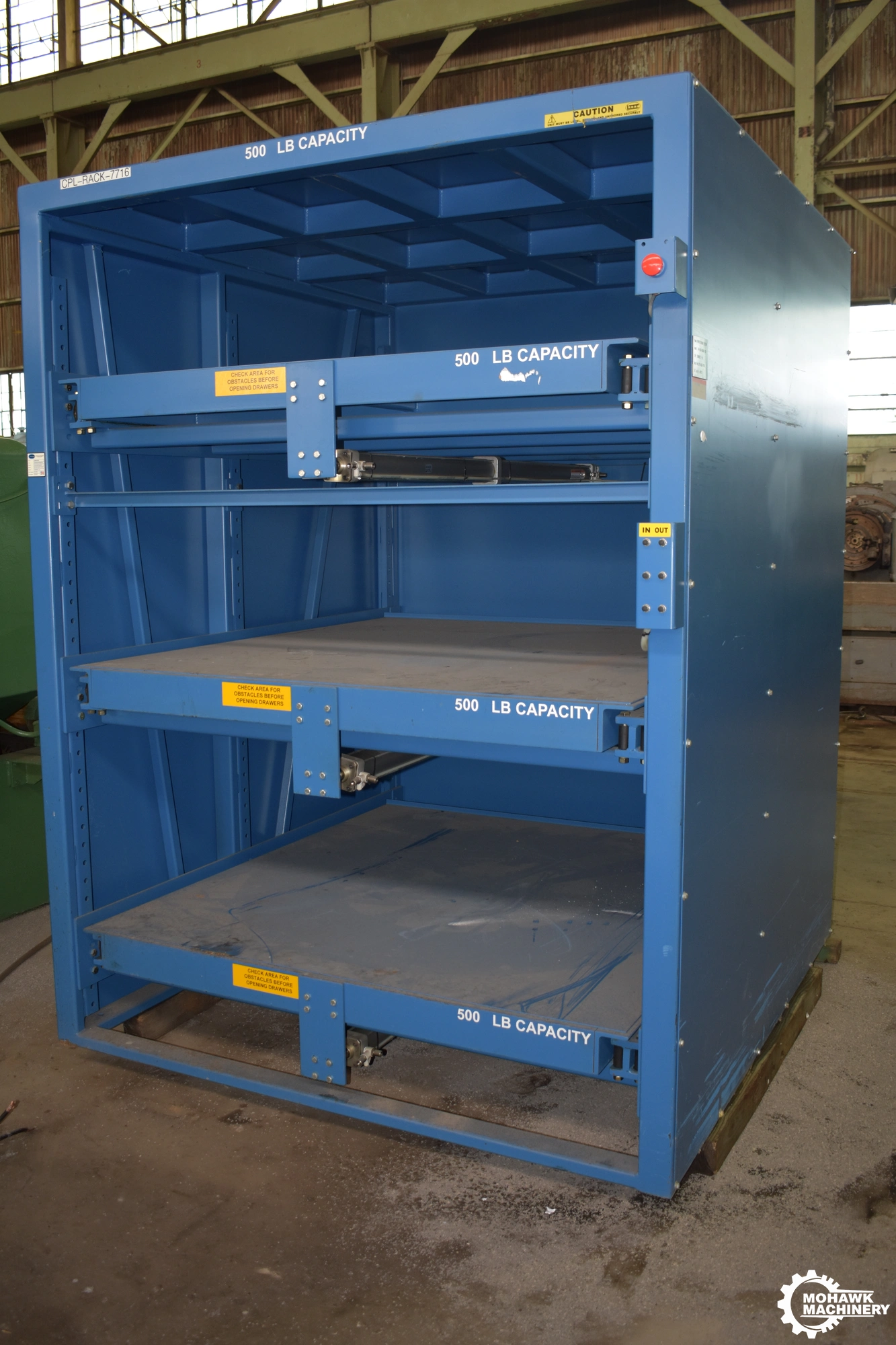 500 LB PROPER STORAGE SYSTEMS "APH-500-60X60 3-90 SB" HEAVY-DUTY PNEUMATIC ROLL-OUT SHELVING STORAGE RACK CABINET w/(3) 60” x 60” SHELVES WITH IN/OUT CONTROLS