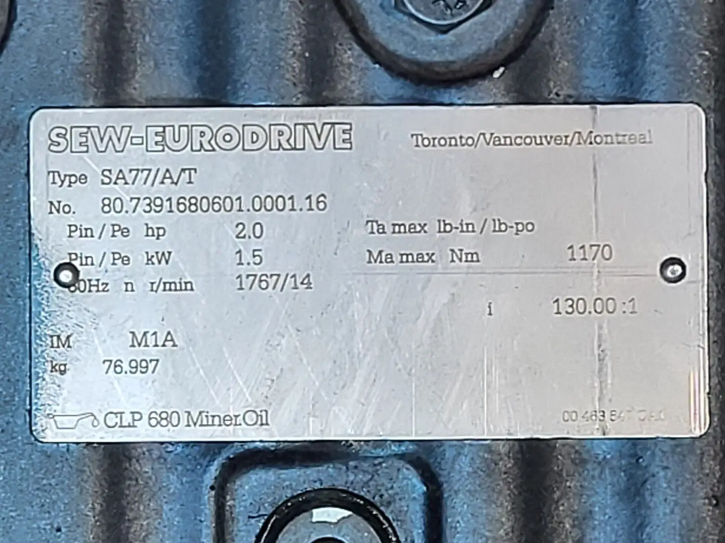 Used SEW-EURODRIVE SA77/T DRN90L4 Motors (misc) British Columbia CA | Lenmark #246440