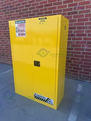 USED JUSTRITE 45 GALLON FLAMMABLE LIQUID STORAGE CABINET W/ SOFT CLOSE DOORS, KEY