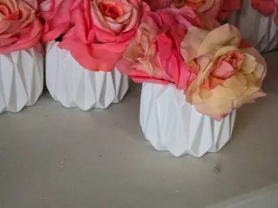 Lot of (6) Silk Faux Rose Boquet Arrangement in White Ceramic Vase (pink)