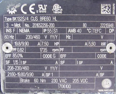 USED NORD 4282AFH-132S/4CUS GEARMOTOR 32.04:1 230/460V 7.5HP SK132S/4CUSBRE60HL