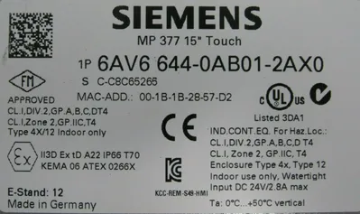 USED SIEMENS 6AV6644-0AB01-2AX0 TOUCH SCREEN MP377 15" 6AV66440AB012AX0